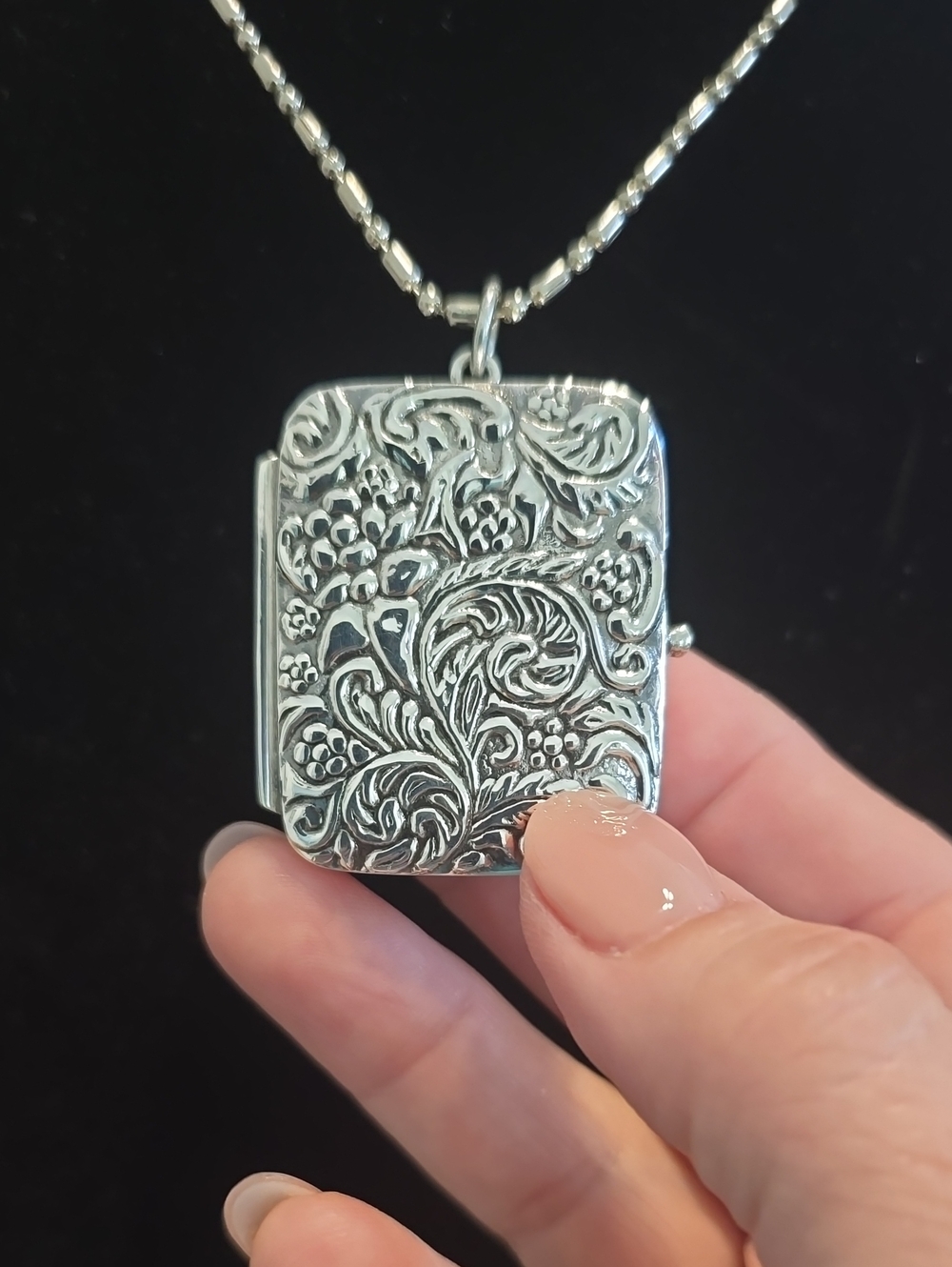 Sterling Silver Floral Engraved Music Box Necklace - Silver